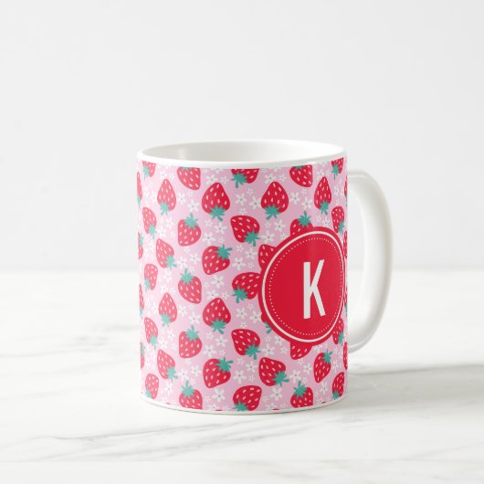 Pink Red Strawberries Floral  Pattern Monogram Koffiemok (Voorkant rechts)