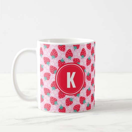 Pink Red Strawberries Floral  Pattern Monogram Koffiemok (Links)