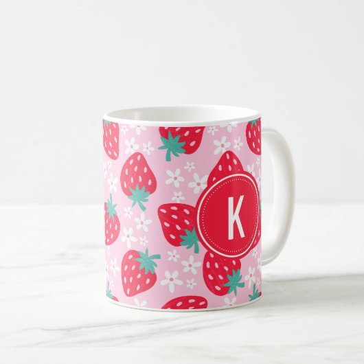 Pink Red Strawberries Floral  Pattern Monogram Koffiemok (Voorkant rechts)
