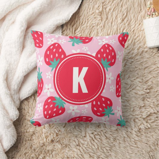 Pink Red Strawberries Floral Pattern Monogram Kussen (Deken)
