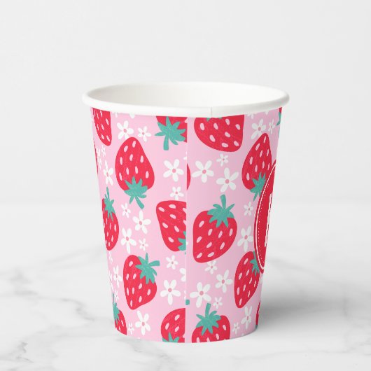Pink Red Strawberries Floral  Pattern Monogram Papieren Bekers (Rechts)