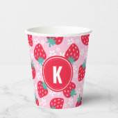 Pink Red Strawberries Floral  Pattern Monogram Papieren Bekers (Voorkant)