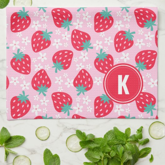 Pink Red Strawberries Floral  Pattern Monogram Theedoek (Gevouwen)