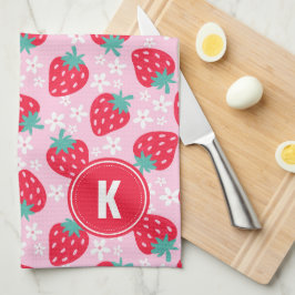 Pink Red Strawberries Floral  Pattern Monogram Theedoek