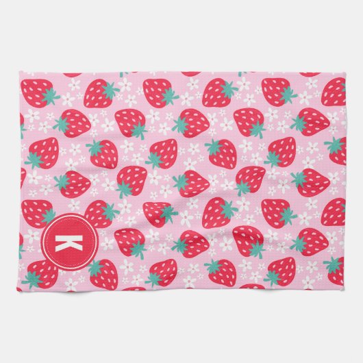 Pink Red Strawberries Floral  Pattern Monogram Theedoek (Horizontaal)