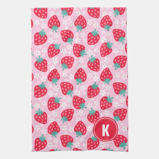 Pink Red Strawberries Floral  Pattern Monogram Theedoek (Verticaal)