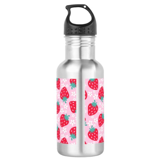 Pink Red Strawberries Floral  Pattern Monogram Waterfles (Achterkant)