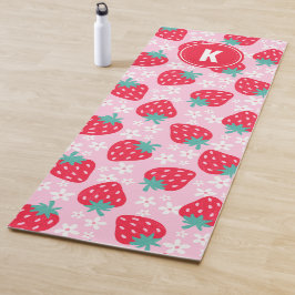 Pink Red Strawberries Floral  Pattern Monogram Yogamat