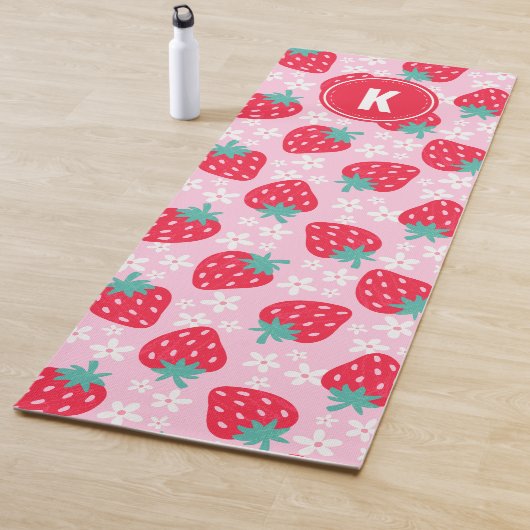 Pink Red Strawberries Floral  Pattern Monogram Yogamat (In situ)