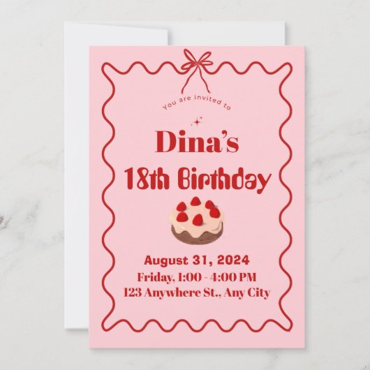 Pink Red Strawberry Cupcake Birthday Invite Kaart (Voorkant)