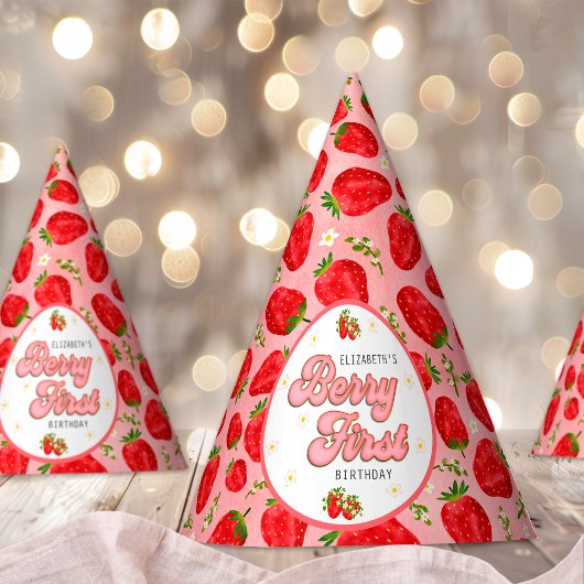 PInk Red Strawberry First Birthday Berry First Feesthoedjes