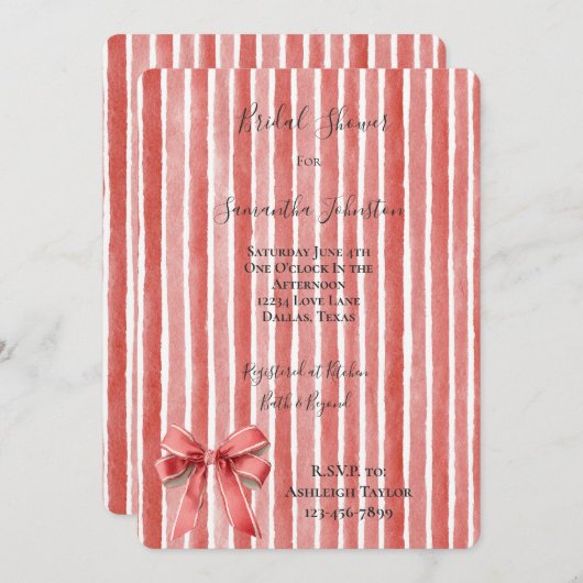Pink Red Stripes Bow Bridal Shower Kaart (Voorkant / Achterkant)