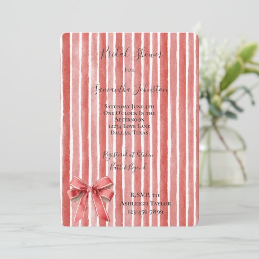 Pink Red Stripes Bow Bridal Shower Kaart (Staand voorkant)