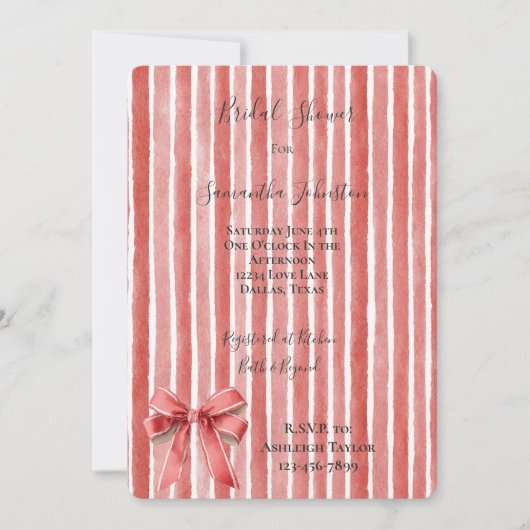 Pink Red Stripes Bow Bridal Shower Kaart (Voorkant)