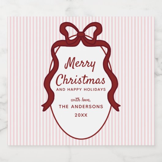 Pink & Red Stripes & Bow Frame Christmas  Bier Etiket (Enkel label)