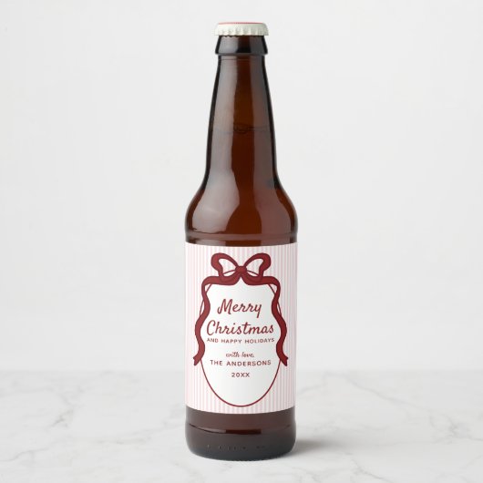 Pink & Red Stripes & Bow Frame Christmas  Bier Etiket (Voorkant)