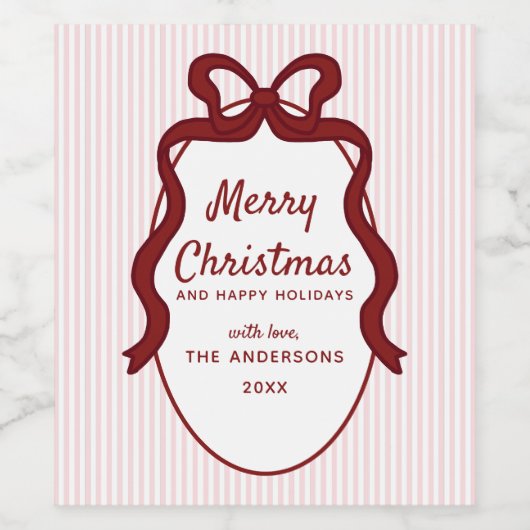 Pink Red Stripes & Bow Frame Christmas  Wijn Etiket (Enkel label)