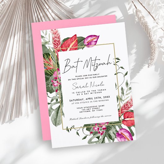 Pink & Red Tropical Floral Bat Mitzvah Kaart