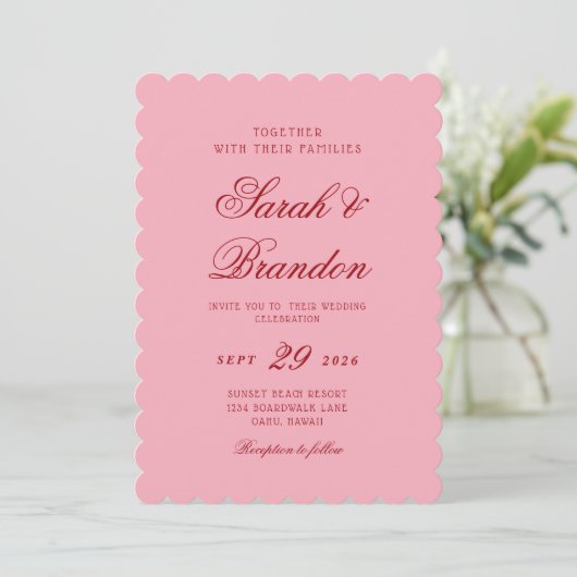 Pink Red Valentines Minimalist Script Wedding Kaart (Staand voorkant)