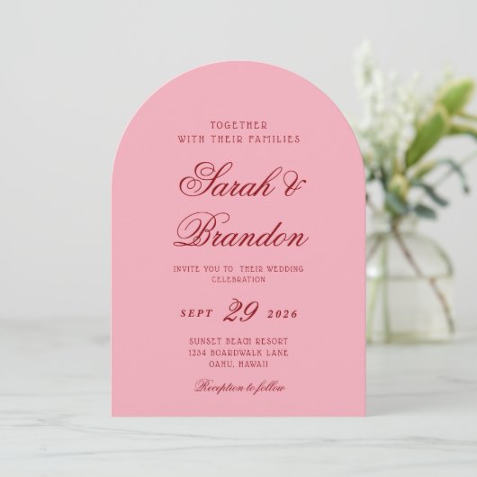Pink Red Valentines Minimalist Script Wedding Kaart (Staand voorkant)