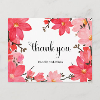 Pink & Red Watercolor Floral Thank you Briefkaart