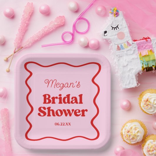 Pink Red Wavy Border Vrijgezellenfeest Papieren Bordje (Feest)