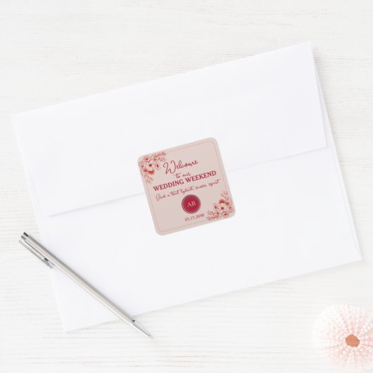 Pink Red Wedding Weekend Welcome Vierkante Sticker (Envelop)