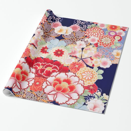 PINK RED WHITE FLOWERS Peony, Rozen Japanse Floral Cadeaupapier (Uitgerold)