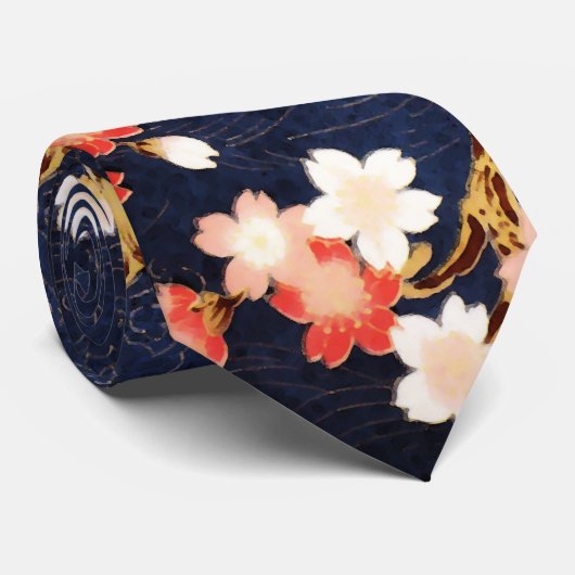 PINK RED WHITE SPRING FLOWERS DEEP BLUE FLORAL STROPDAS (Opgerold)