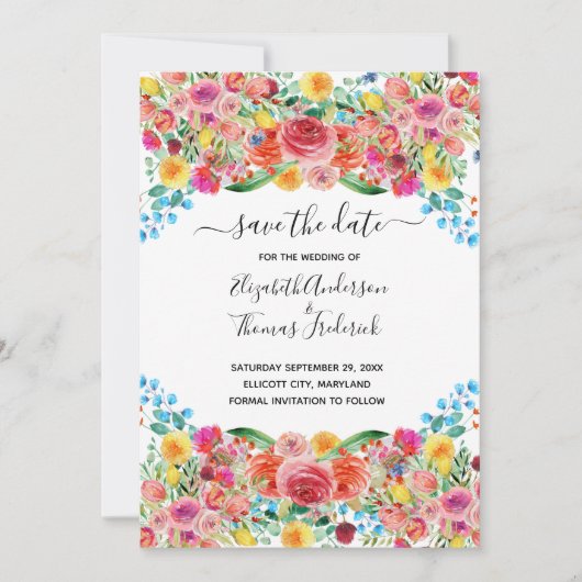 Pink Red Yellow Floral Elegant Waterverf Weddensch Save The Date (Voorkant)