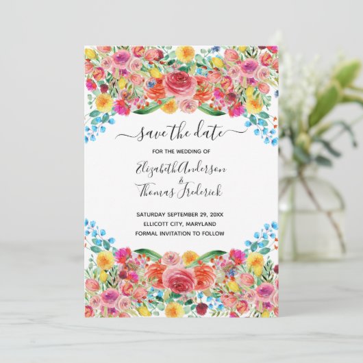 Pink Red Yellow Floral Elegant Waterverf Weddensch Save The Date (Staand voorkant)