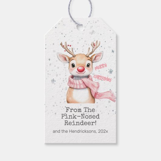 Pink Reindeer Christmas Cadeaulabel (Voorkant)