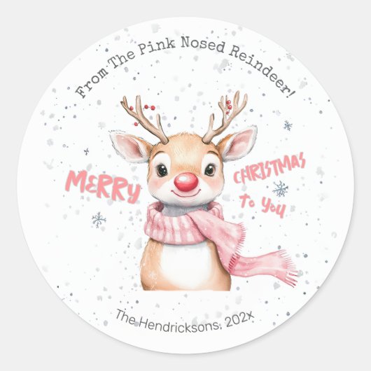 Pink Reindeer Christmas Ronde Sticker (Voorkant)