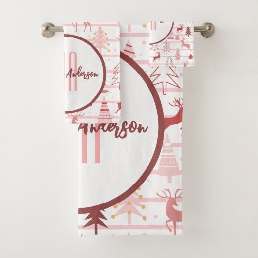 PINK REINDEER & CHRISTMAS TREES CUSTOM MONOGRAM BAD HANDDOEK (Insitu)
