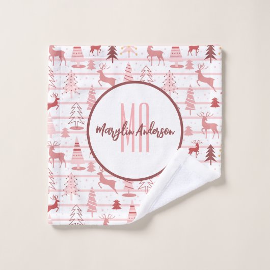 PINK REINDEER & CHRISTMAS TREES CUSTOM MONOGRAM BAD HANDDOEK (Wasdoekje)