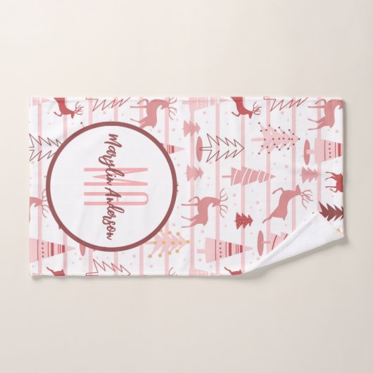 PINK REINDEER & CHRISTMAS TREES CUSTOM MONOGRAM BAD HANDDOEK (Handdoek)