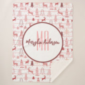 PINK REINDEER & CHRISTMAS TREES CUSTOM MONOGRAM SHERPA DEKEN (Voorkant)