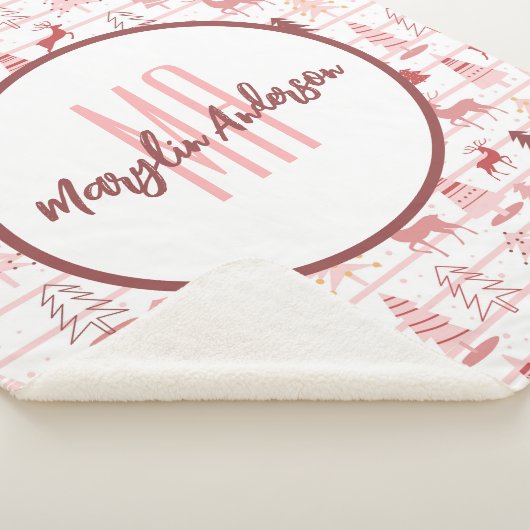 PINK REINDEER & CHRISTMAS TREES CUSTOM MONOGRAM SHERPA DEKEN (3/4)