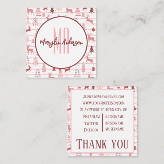 PINK REINDEER & CHRISTMAS TREES CUSTOM MONOGRAM VIERKANTE VISITEKAARTJE (Voorkant / Achterkant)
