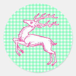 Pink Reindeer Green Gingham Ronde Sticker