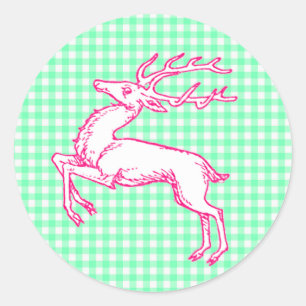 Pink Reindeer Green Gingham Ronde Sticker
