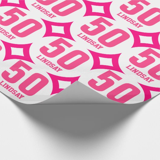 PINK Retro 50th Birthday Custom Name D02 Cadeaupapier (Hoek)