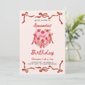 Pink Retro Cake and red Bow Coquette Birthday Kaart (Staand voorkant)