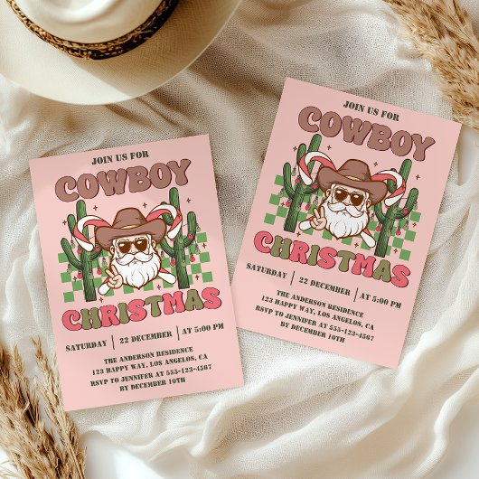 Pink Retro Cowboy Christmas Party Kaart