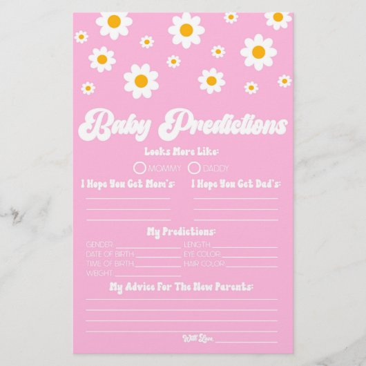 Pink Retro Daisy Baby shower voorspellingen activi Briefpapier (Voorkant)