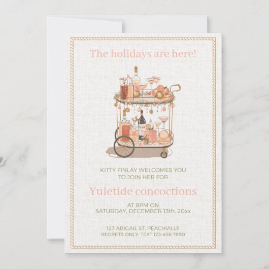 Pink retro drinks cart cocktail party invitation bedankkaart (Voorkant)