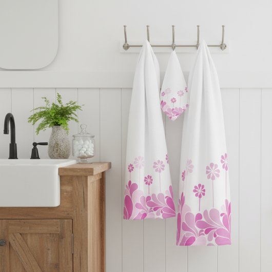 Pink Retro Floral Bloom Bad Handdoek