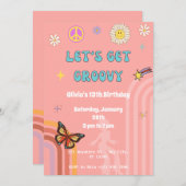 Pink Retro Groovy Birthday Party Kaart (Voorkant / Achterkant)