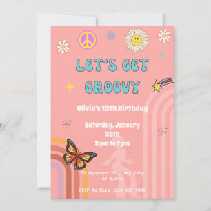 Pink Retro Groovy Birthday Party Kaart