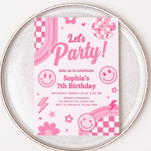 Pink Retro Groovy Birthday Party Kaart